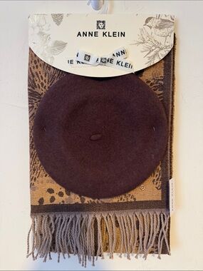 Anne Klein Chocolate Brown Wool Beret with Leopard Print Fringe Scarf